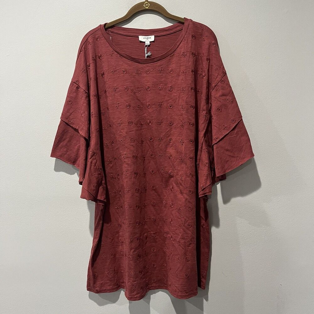 Umgee Top Women’s Large Brown Eyelet Flutter Dolman Sleeve Boho Peasant NWT